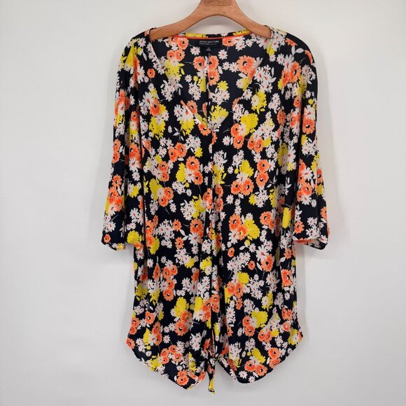 JONES NEW YORK Woman Floral Print 3/4 Sleeve Tunic Top Size 3X Navy plus - Picture 4 of 10